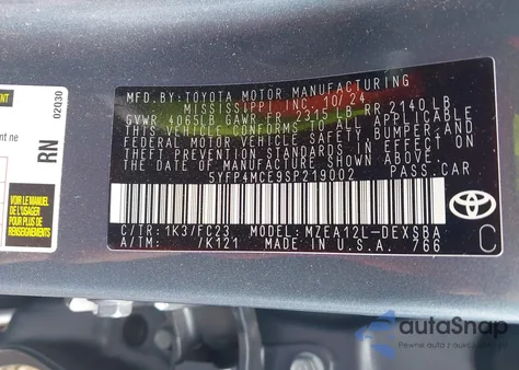 2025 Toyota Corolla Se из США, поврежденный, VIN 5YFP4MCE9SP219002